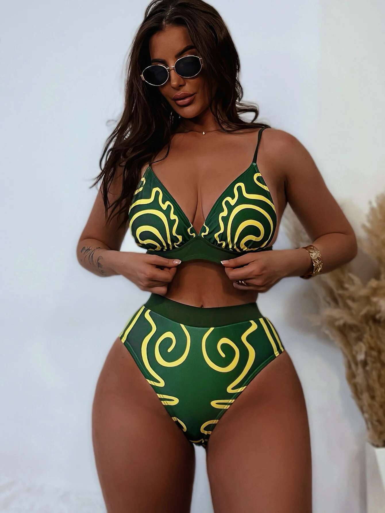 Dongdumaoyi Sexy Green Floral Print Women Swimsuit Halter Push Up Bra High Waist Bikinis Sets Summer Bathing Suit Holiday Swimwear