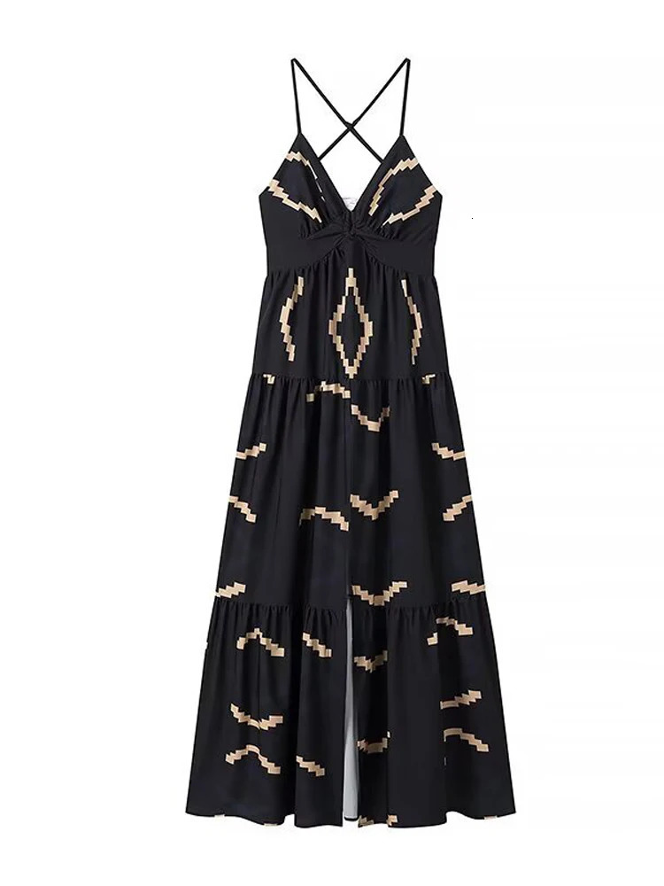 Fashionable geometric print womens long sling dress sexy backless sleeveless vacation long dress womens chic beach party dress 250401