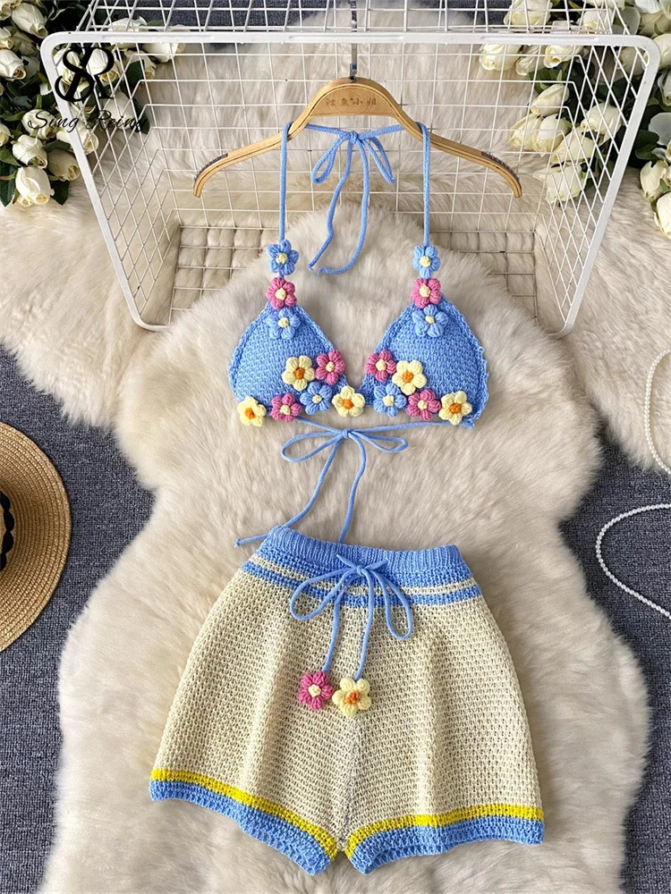 SINGREENY Bohemian Sexy Knitted Set Womens Lace Top Mini CamisShorts Fashion Strap Resort Style Beach 250313