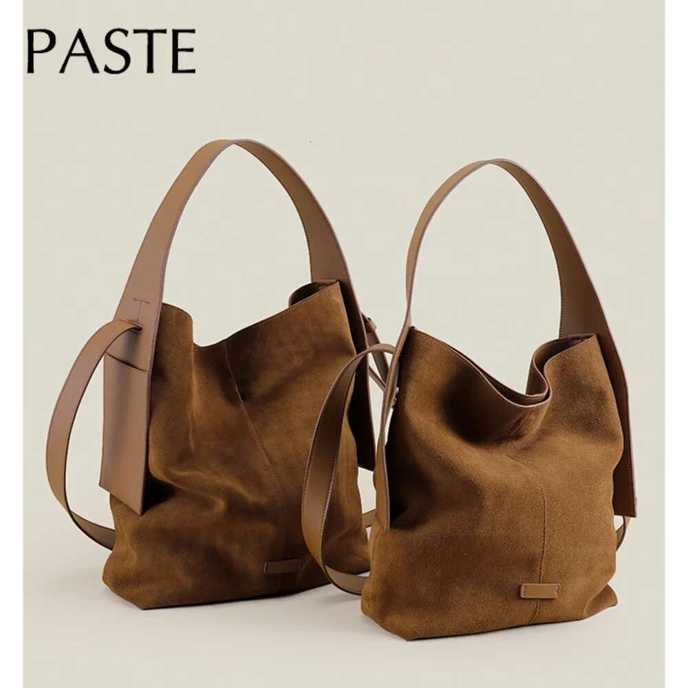 Ins Chic Slouchy Style Soft Touch Bucket Tote Big Genuine Suede Leather Women Shoulder Bag Matte Nubuck Office Ladies Handbag