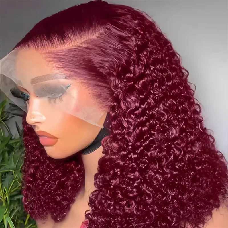 99J Colored Curly Deep Water Wave Lace Front Wig Burgundy Red Remy Short Cut Bob Frontal Human Hair Wigs Women Pre Plucked Wigs W251107