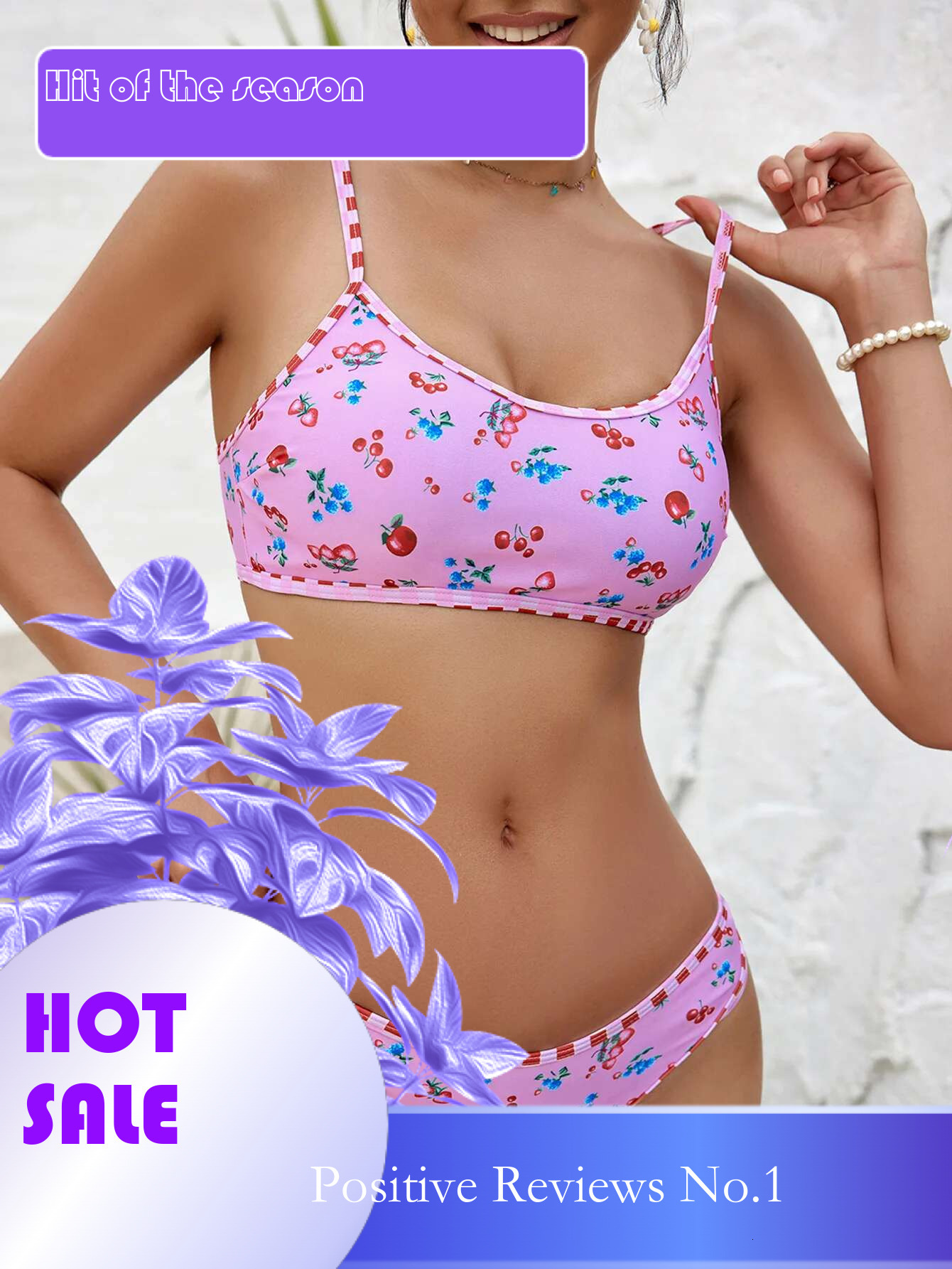 Dongdumaoyi Split Bikini New Women S Piece Pink Swimsuit Summer Fruit Print Swimwear Sexy Suspender Padded Push Up Beach Bathing Suit