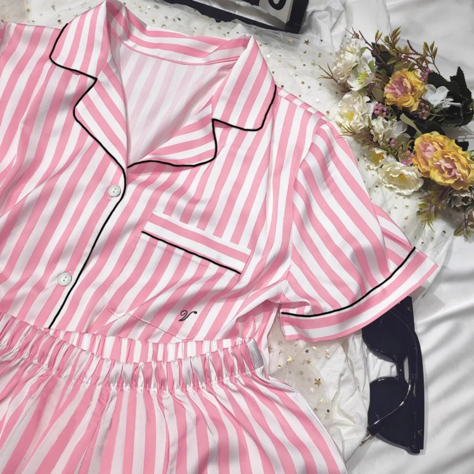 Womens sleepwear set summer 2piece short sleeved top and shorts synthetic silk satin soft stripe printed home clothes 250313