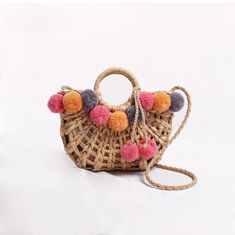NEW Colorful Wool Ball Pom Beach Shopping Basket Chic Woven Straw Handbags For Women Shoulder Bag Summer Totes Female