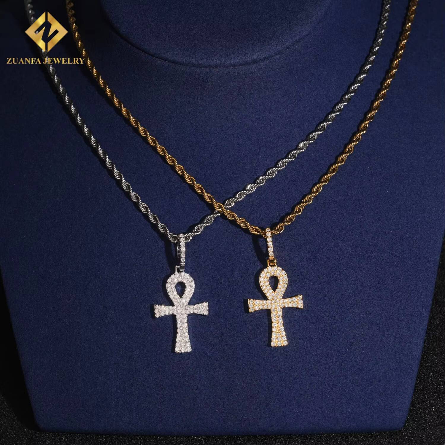 Luxury High-end S925 Sterling Silver VVS Moissanite Ankh Cross Pendant Rope Chain Pendant