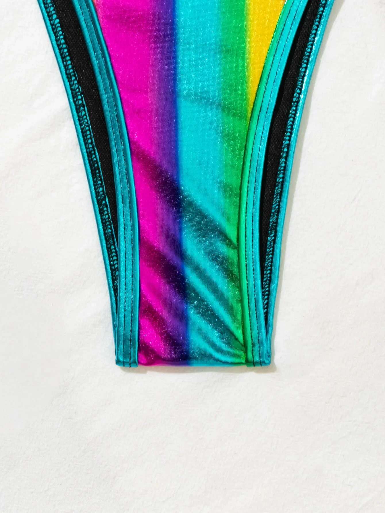 Dongdumaoyi Sexy Brozing Rainbow Gradient Bikini Women Halter Pleate Push Up Bra Tie Side Thong Swimwear Beach Bathing Suit Swimsuit