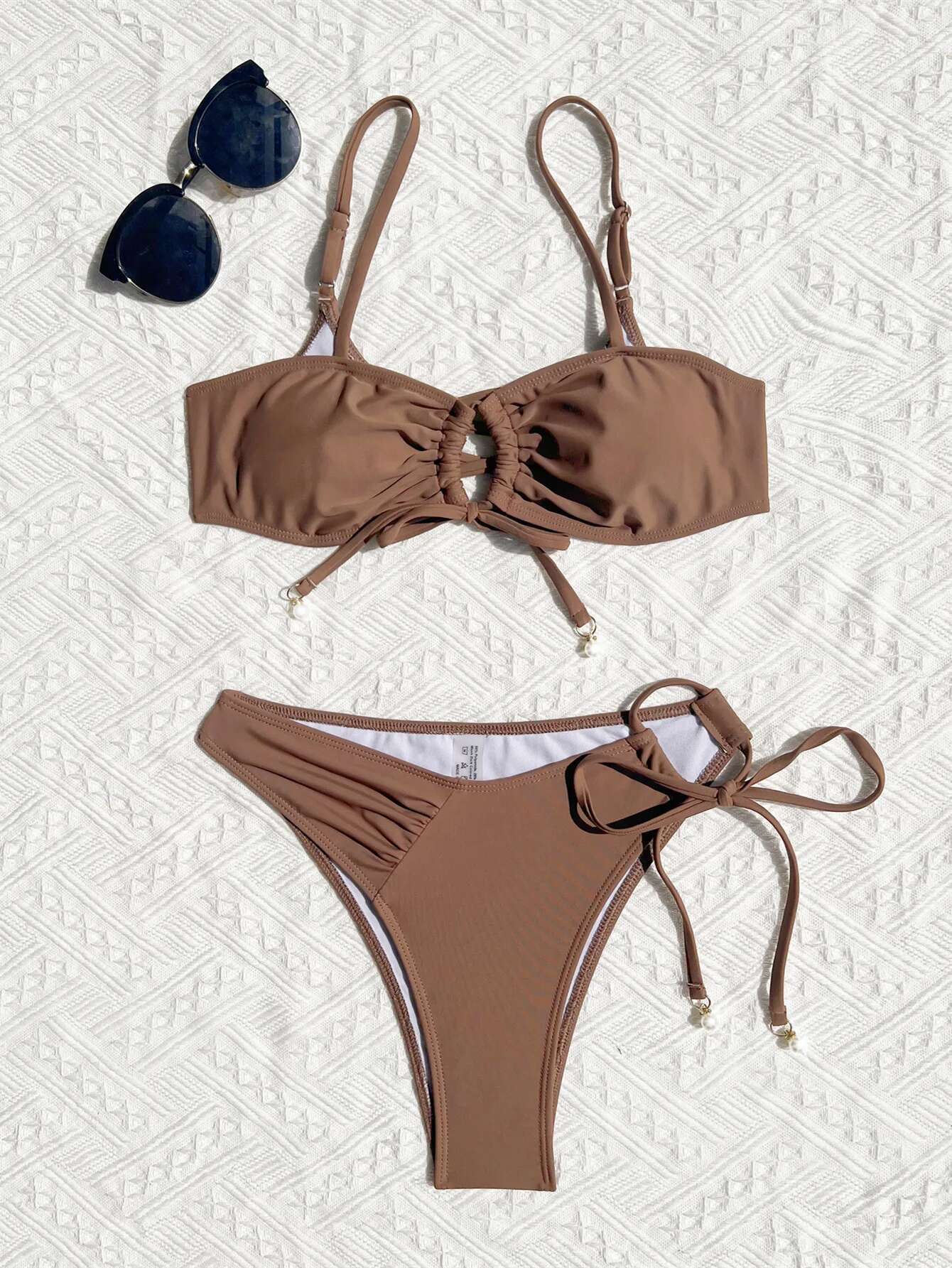 Dongdumaoyi New Pleate Drawstring High Waist Bikini Set Women Sexy Coffee Ring Linke Push Up Micro Swimsuit Beach Bathing Suit Swimwear