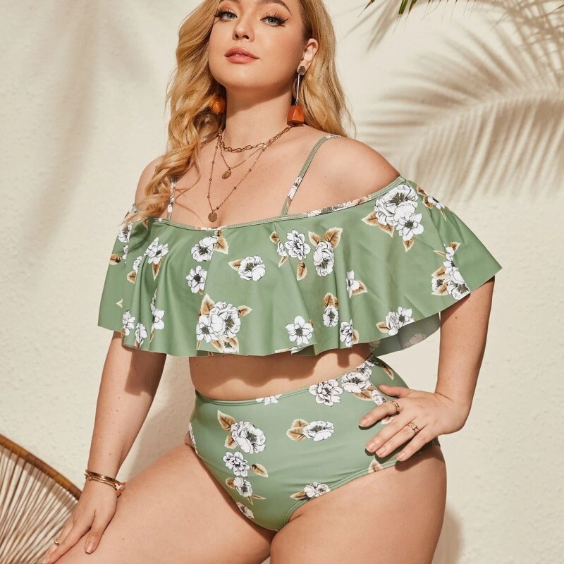 Fashionable large ruffle edge digital printed bra, high waisted triangle long pants, skirt, three piece set, plus size swimsuit
