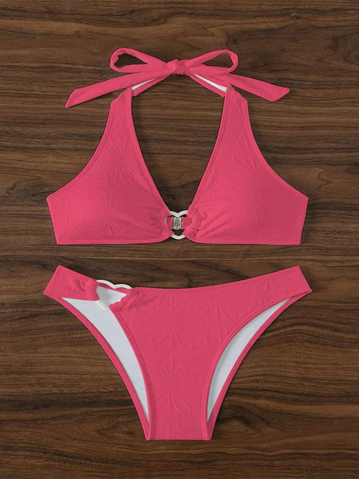 Dongdumaoyi Solid Color Two Piece Swimsuit Women S Heart Shaped Ring V Neck Bikini Set Sexy Halter Backless Lace Up Beach Vacation Swimwear
