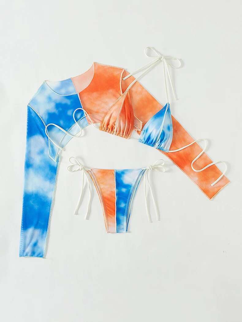 Dongdumaoyi Sexy Orange Blue Contrast Bikini Set Women Long Sleeve Mesh Cover Up Piece Swimsuit Brazilian Bathing Suit Thong Swimwear