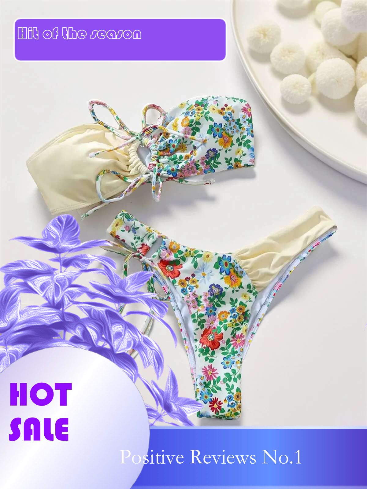 Dongdumaoyi Sexy Bandeau Bikini Green Floral Print Patchwork Bandage Cross Push Up Micro Swimsuit Beach Bathing Suit Thong Swimwear