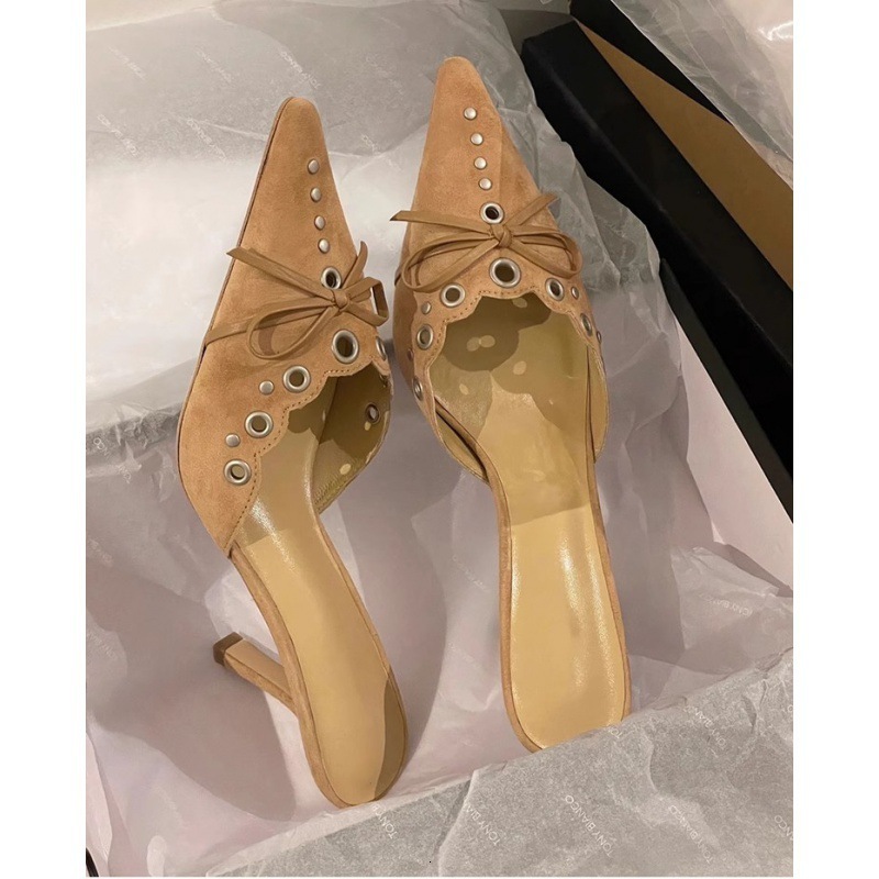Women Bow Tie Heeled Mules Studs Pumps Pointy Kitten Heel Dress Heels Pointed Toe Dress Trendy Elegant Office Lady Shoes 250228