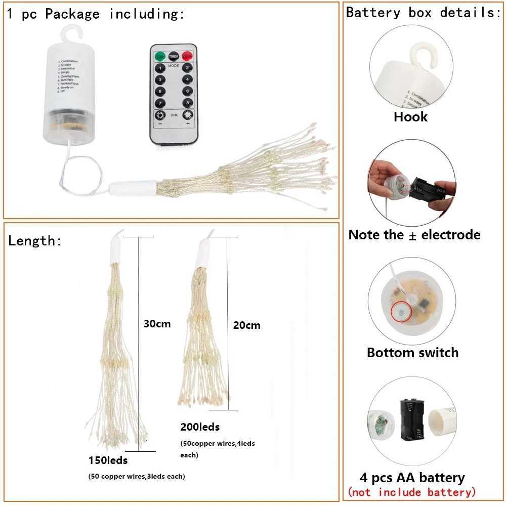 150/200 LED String Fairy Lights Hanging Starburst Lamp DIY Firework Christmas Garland Festival Decoration Remote Twinkle Lights W251107