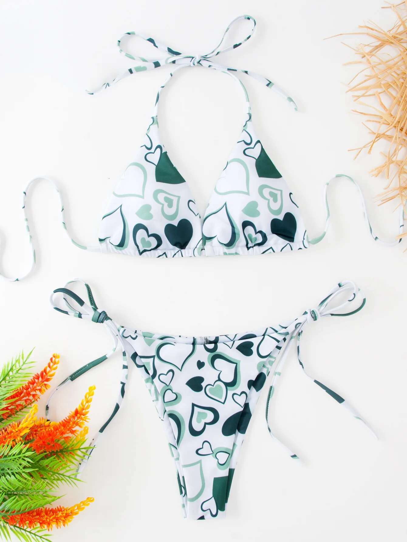 Dongdumaoyi Sexy Green Heart Print Bikini Set Women Halter Push Up Bra Bandage Thong Swimsuit Beach Bathing Suit Tanga Swimwear Biquini
