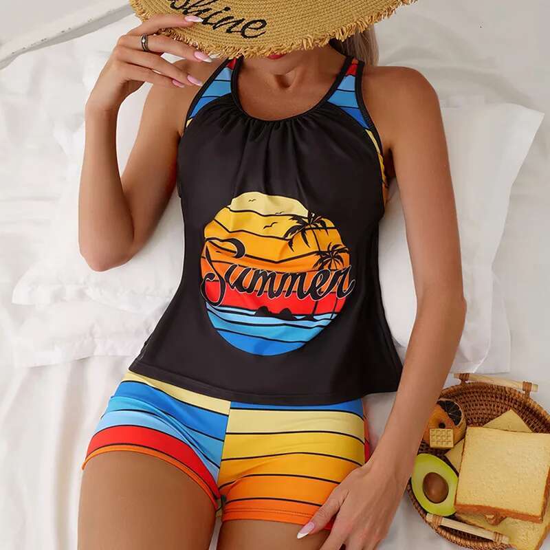 Dongdumaoyi Women S Swimsuit Black Maple Leaf Print Rainbow Contrast Two Piece Bikini Set Holiday Bathing Suit High Waist Panties Swimwear