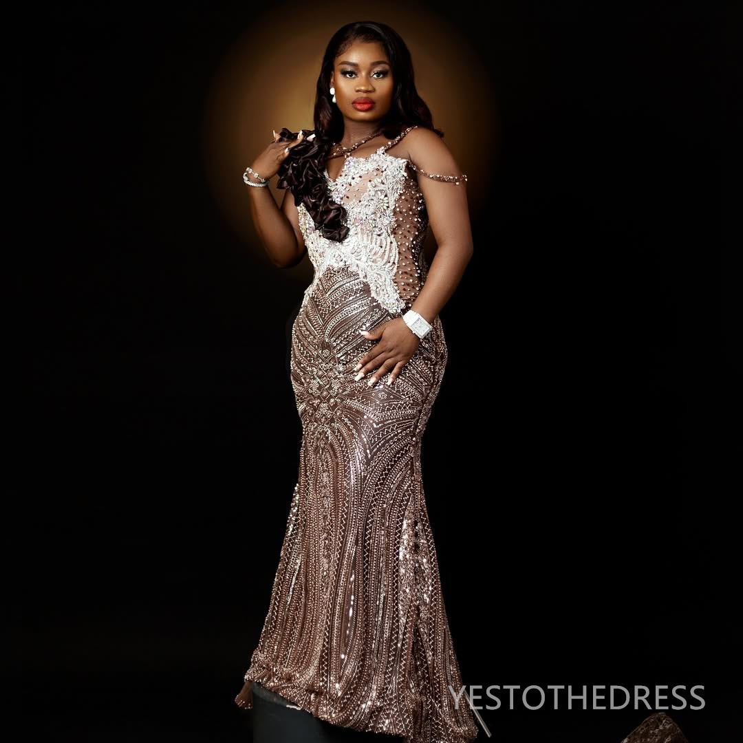 2025 Plus Size Brown Prom Dress Mermaid Prom Dresses Evening Formal Gowns Spaghetti Straps Beaded Lace For Black Women Birthday Second Reception Gowns