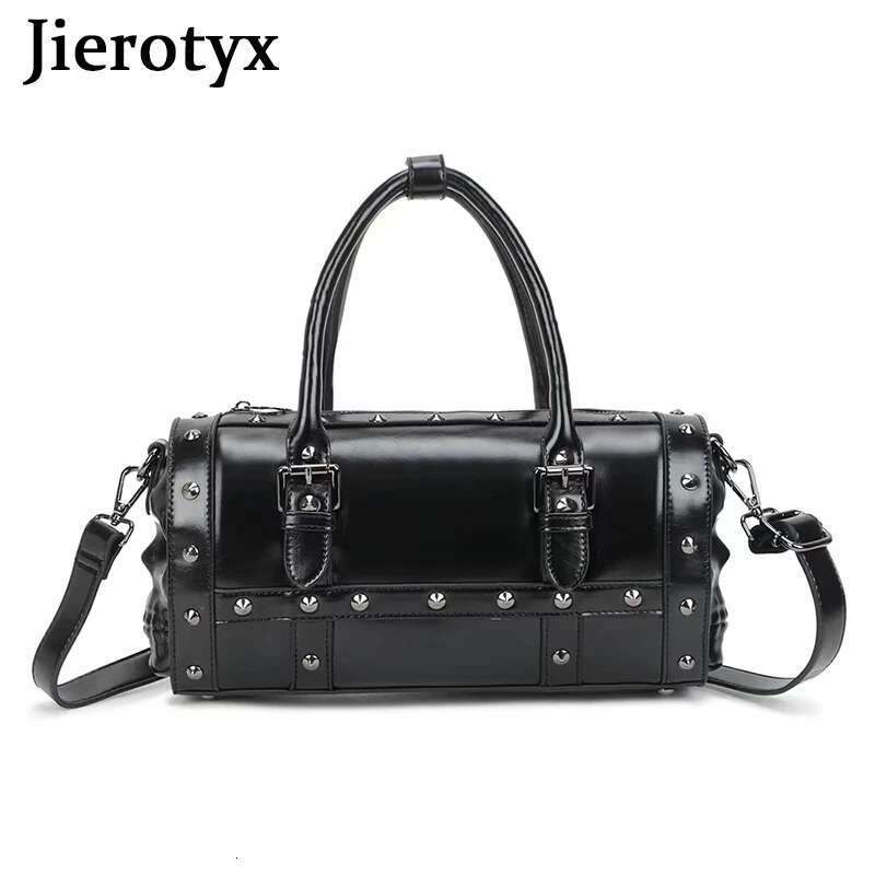 JIEROTYX Black Studded Double Skull Satchel Handbag Womens Shoulder Bags Personality Rivet Single Strap Travel Bag Gothic Style