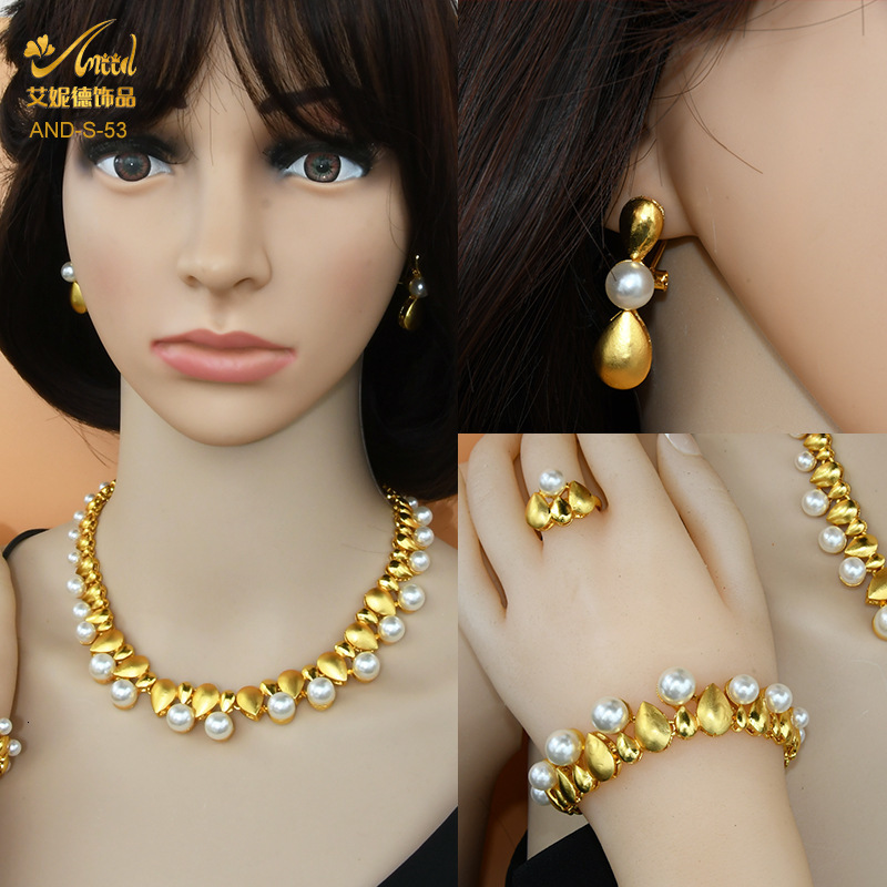 Dubai bride wedding zircon pearl necklace ring earring bracelet four piece set womens banquet Jewelry Set 230313