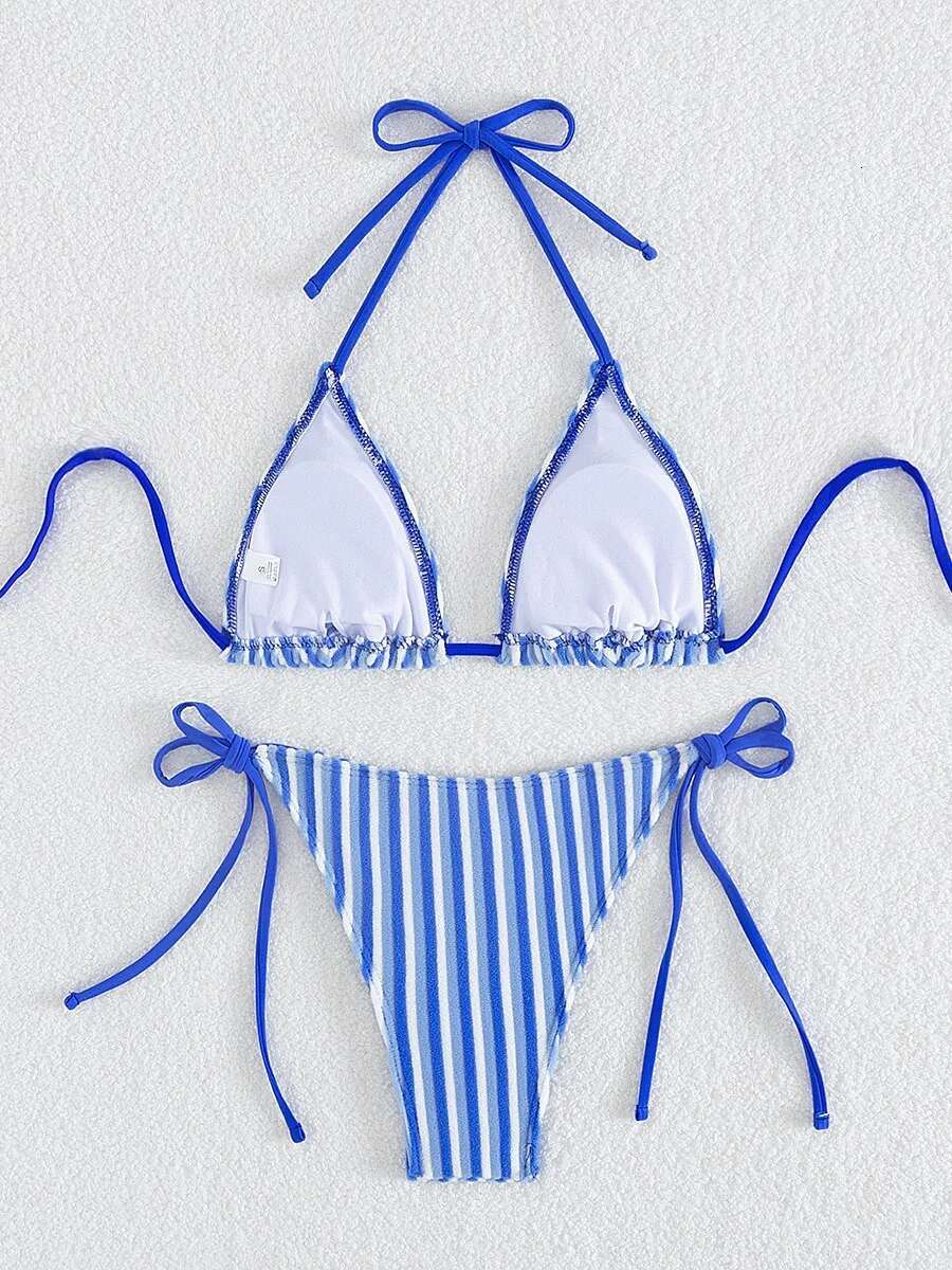 Dongdumaoyi Sexy Pink Stripe Bikini Set Women Halter Push Up Bra Tie Side Triangle Swimsuit Brazilian Beach Bathing Suit Micro Swimwear