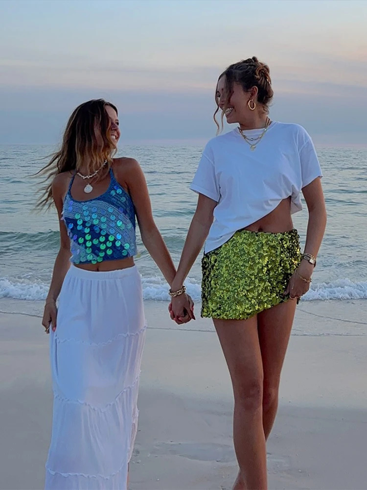 Sexy sequin knitted vest for women strapless ultrathin sling womens crop can spring fashion vacation beach panel top 250407