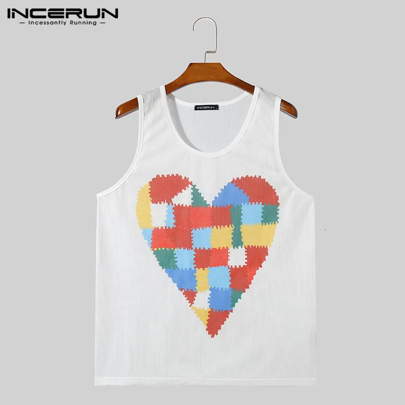 Fashionable fit top INCERUN mens colorful heart-shaped vest interesting hollow mesh sleeveless vest S-5XL 250403