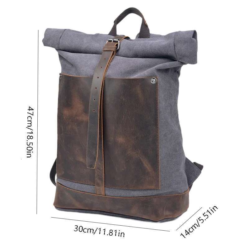 New Vintage Wash Canvas Waterproof Large Capacity Roll Top Expansion Backpack Men's Outdoor Hiking Bag
