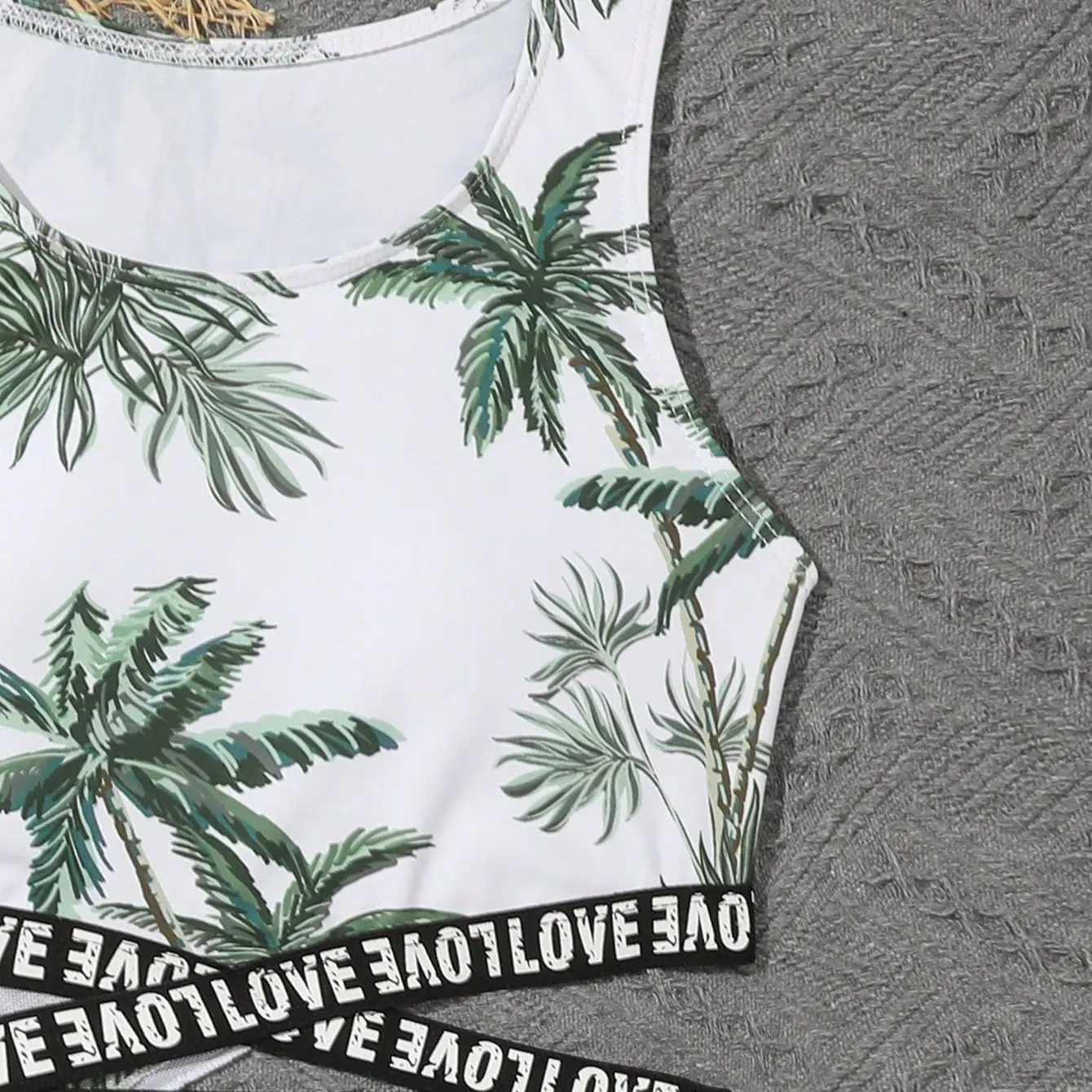 Girls 3-piece coconut palm print high waisted bikini shorts beach surfing Tankini set and shirt 7-12 years old childrens swimsuit J250403