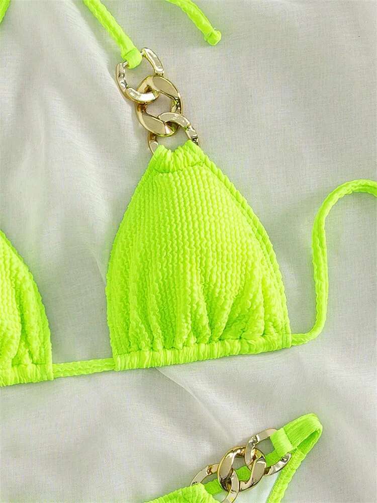 Dongdumaoyi Sexy Neon Green Piece Bikini Set Women Halter Metal Stap Push Up Swimsuit Summer Lace Beach Bathing Suit Thong Swimwear