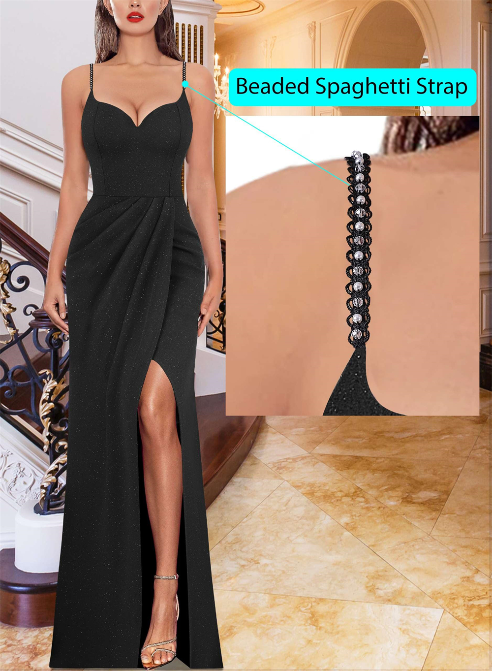 Long Prom Dresses Elegant Black Crystal Spaghetti Deep V-Neck Split Plus Size Formal Occasion Evening Party Gown Pd06