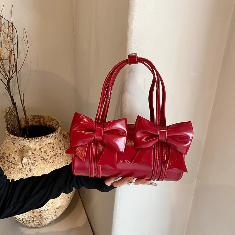Exquisite Bow Gloss PU Boston Shoulder and Cross Body Bag Two Sizes Cute Womens Handbag Style 250402