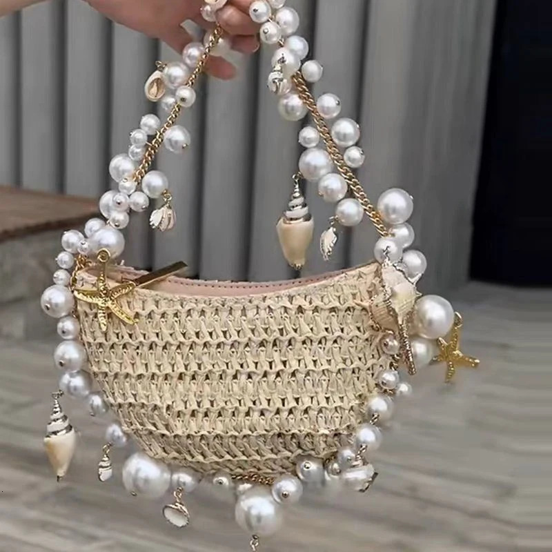 New Free Shipping Designer Bag Fashion Made Shell Lady Evening Bags Conch In Woven Chain Beaded Trim Shoulder Bag Handheld Beach Vacation Womenshandba