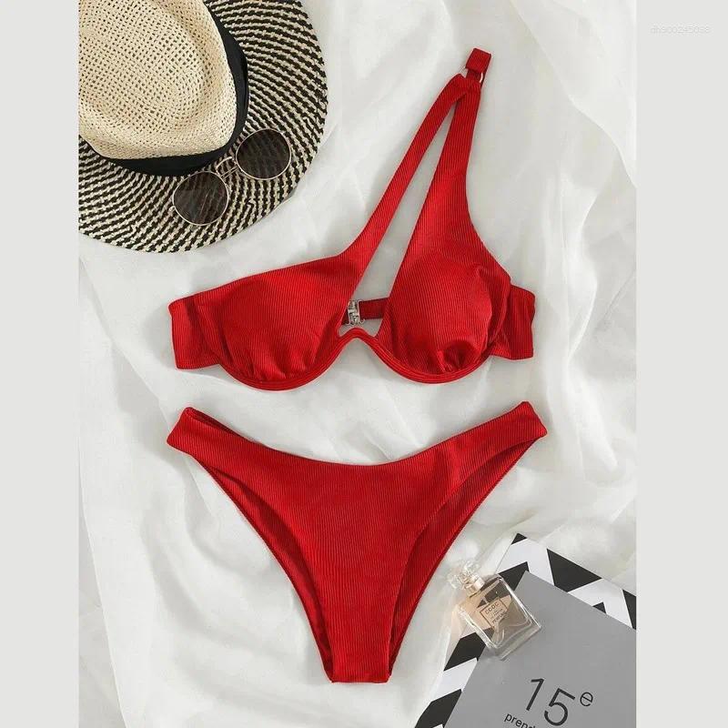 Women's Swimwear Stylish Color Blocked One Shoulder Bikini Swimsuit Sexy Athletic Fitness Swimming Wear For Beach Vacation Fashion Trend