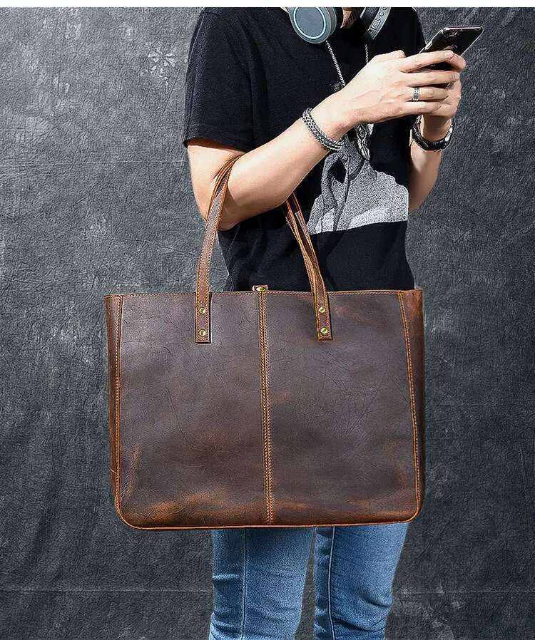 Vintage Crazy Horse Handbag For Women Big Capacity Cowhide Tote Soft Cow Leather Shoulder Bag Female Large Travel Bags