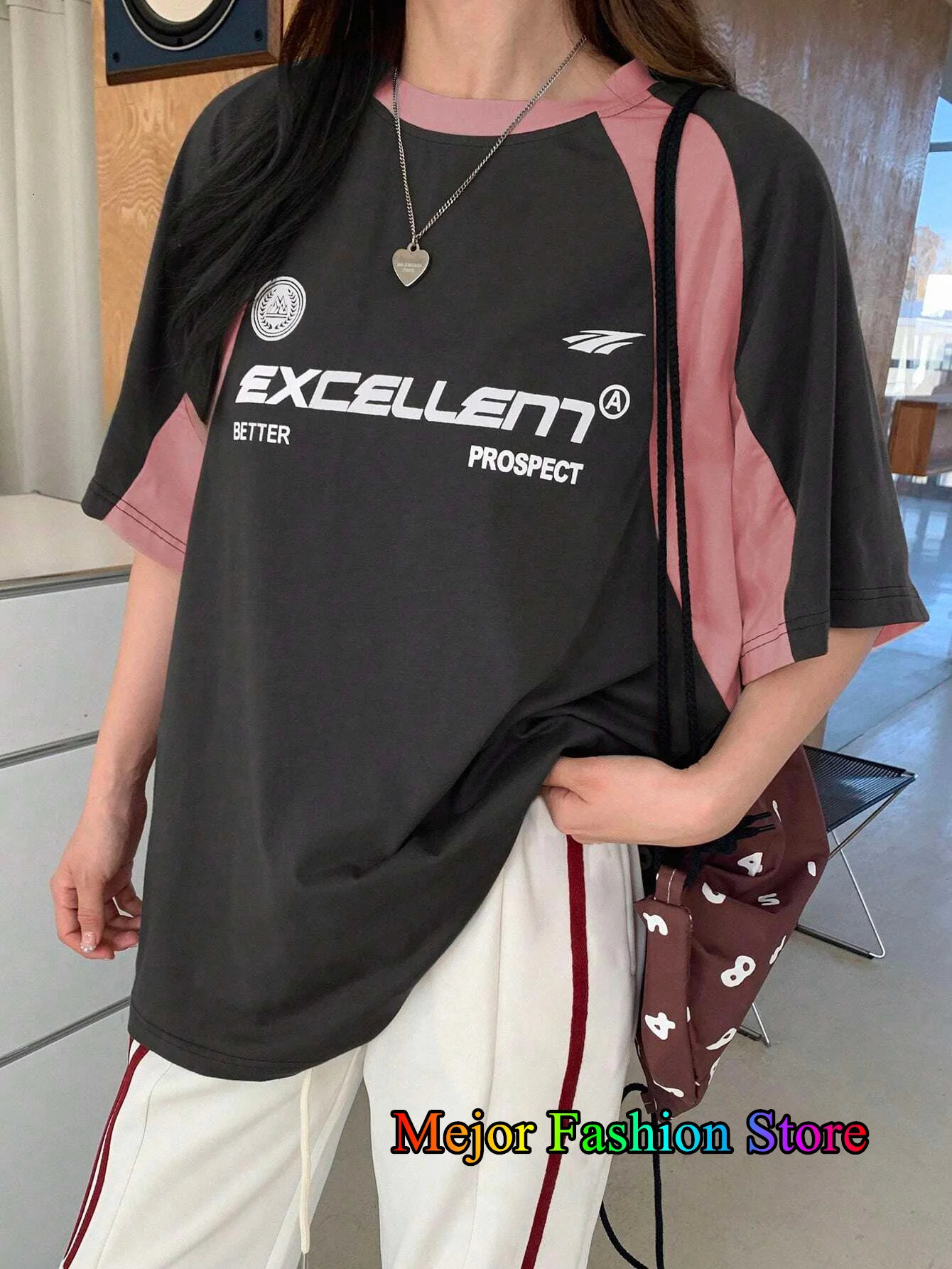 Summer womens Oneck printed Tshirt red patch short sleeved mesh sports football shirt Y2K oversized top 250407