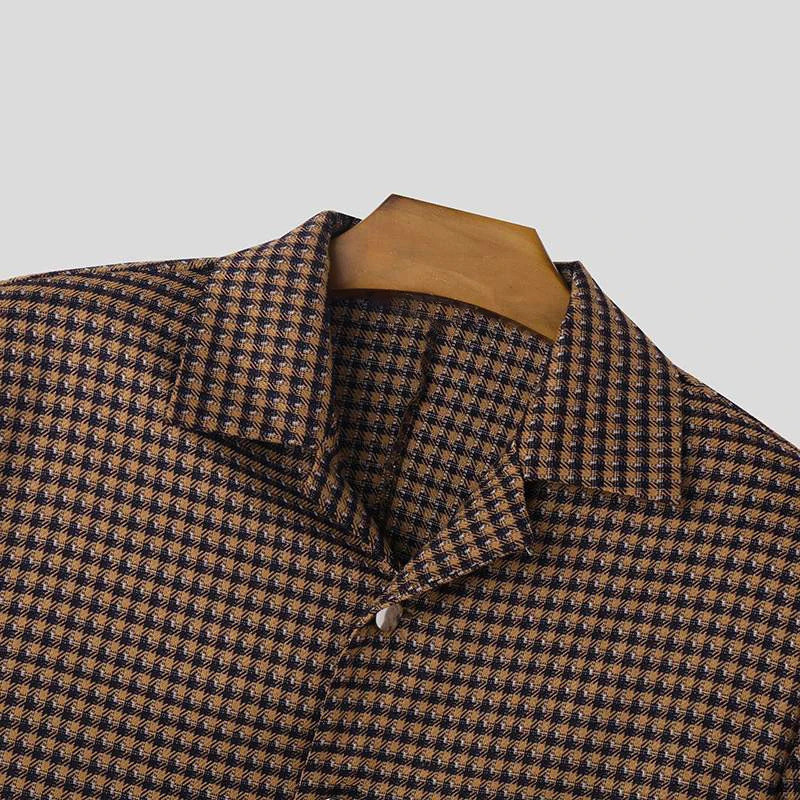 Mens Streetwear Plaid Jackets Solid Color Lapel Long Sleeve Loose Male Crop Coats Fashion Casual Retro French 250313