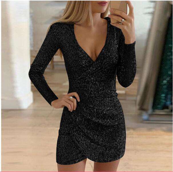 Autumn Fashion Sexy V-neck Bodycon Irregular Short Sequin Dress Gown