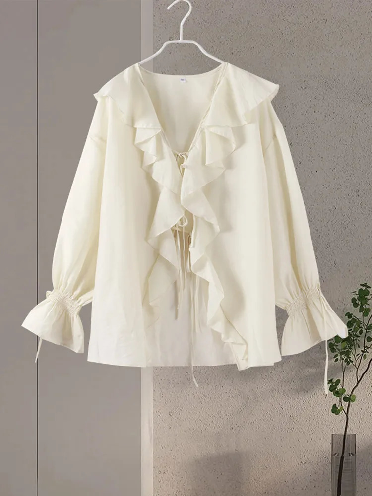 Casual Ruffles Shorts Suits Women Loose See Through V Neck Hollow Out Sets Female 2025 Spring Fashion Lace Up Sets Lady 250407