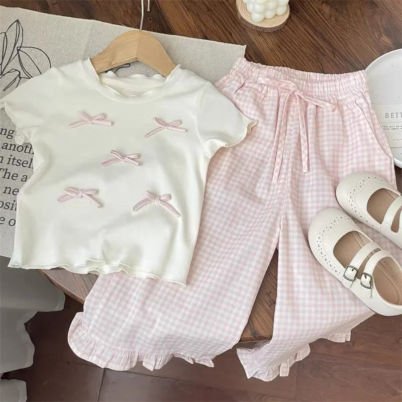 Childrens Clothing Sets Bow Short Sleeve Top Plaid Wide Leg Pants Set Girls Bow T-shirt Clothes Kids Toddler Princess Clothes 250407