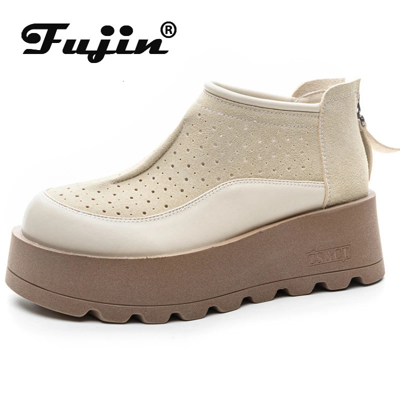 Fujin 6CM Suede Cow Genuine Leather Moccasins Women Platform Wedge Flats Women Shoes Ankle Booties Females ZIP Pumps Shoes 250402