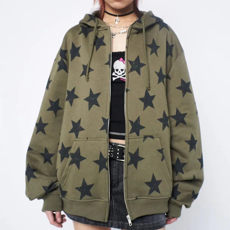 Y2k clothing retro star oversized sportswear jacket Harajuku Gothic long sleeved womens 2000s hiphop zipper hooded top 250403