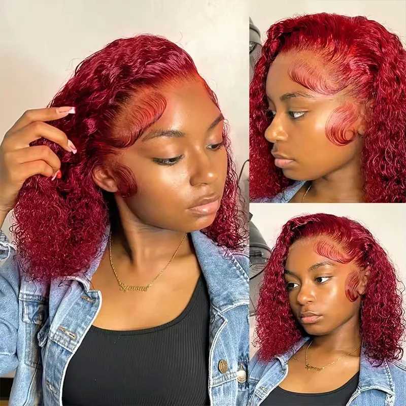 99J Colored Curly Deep Water Wave Lace Front Wig Burgundy Red Remy Short Cut Bob Frontal Human Hair Wigs Women Pre Plucked Wigs W251107