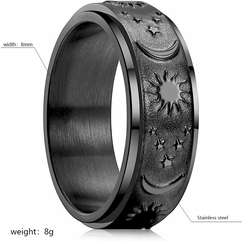Top Source Star Moon Sun Titanium Steel Ring, Rotating Bohemian Style Stress Relieving Ring Jewelry