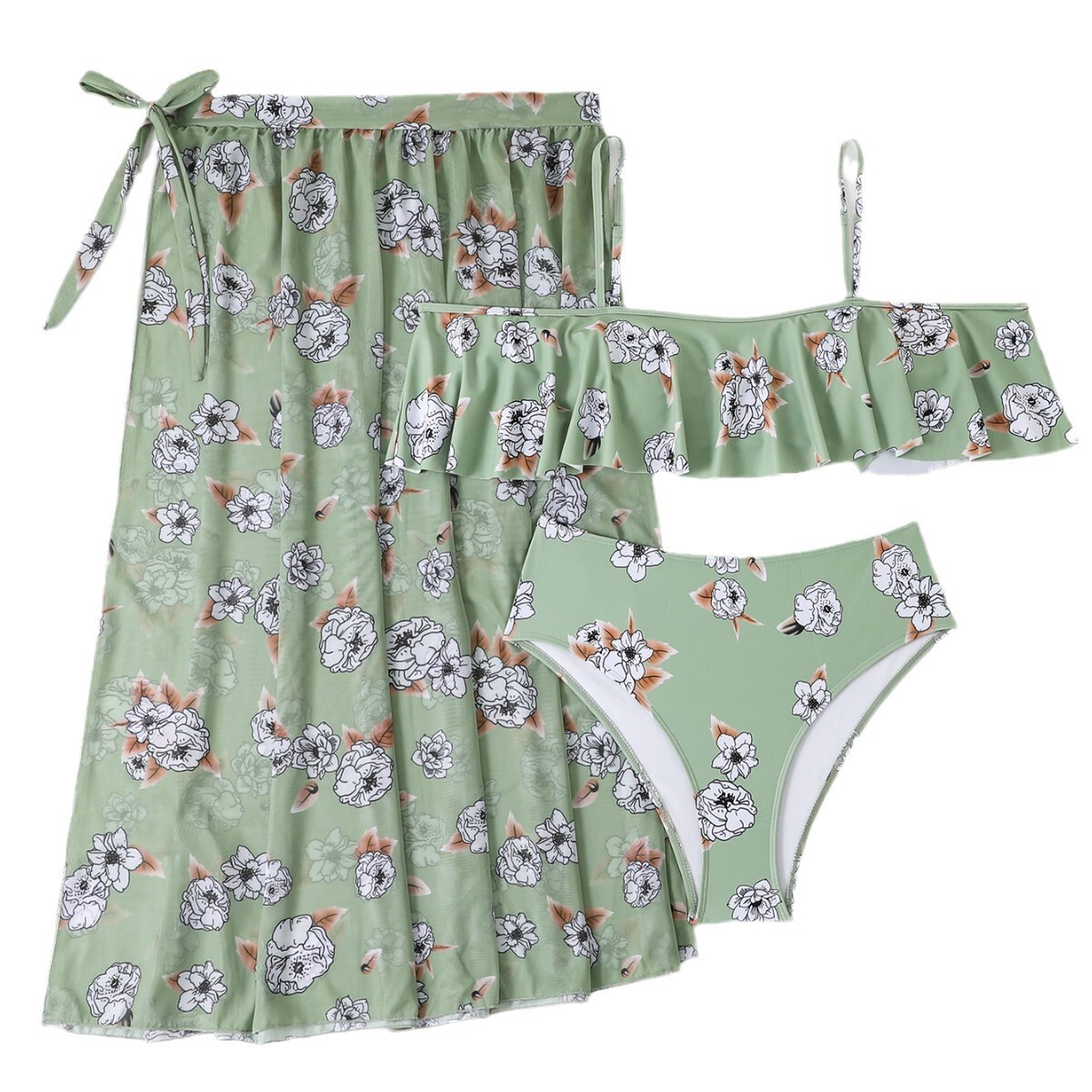 Fashionable large ruffle edge digital printed bra, high waisted triangle long pants, skirt, three piece set, plus size swimsuit