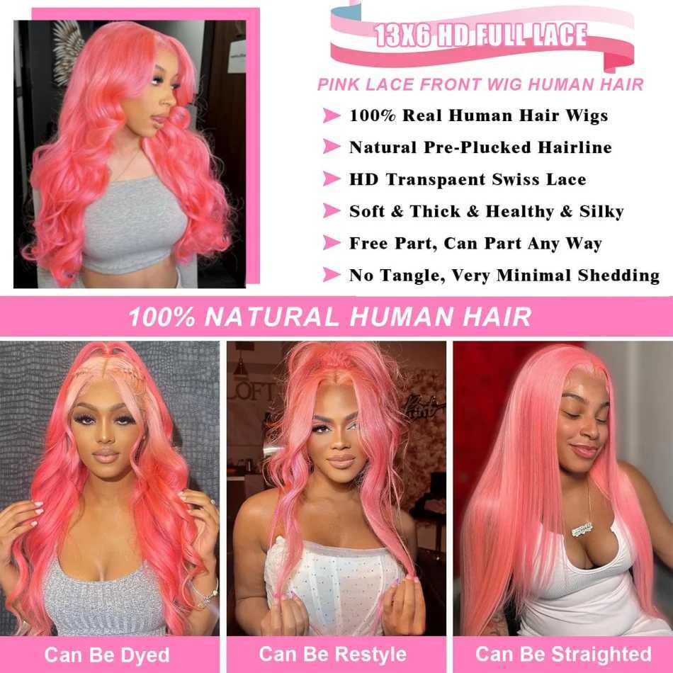 Pink Wig Body Wave Human Hair Wigs 13X6 Hd Lace Frontal Wig 30 32 Inch 13X4 Lace Front Wigs 250 Density Brazilian Hair For Women W251107