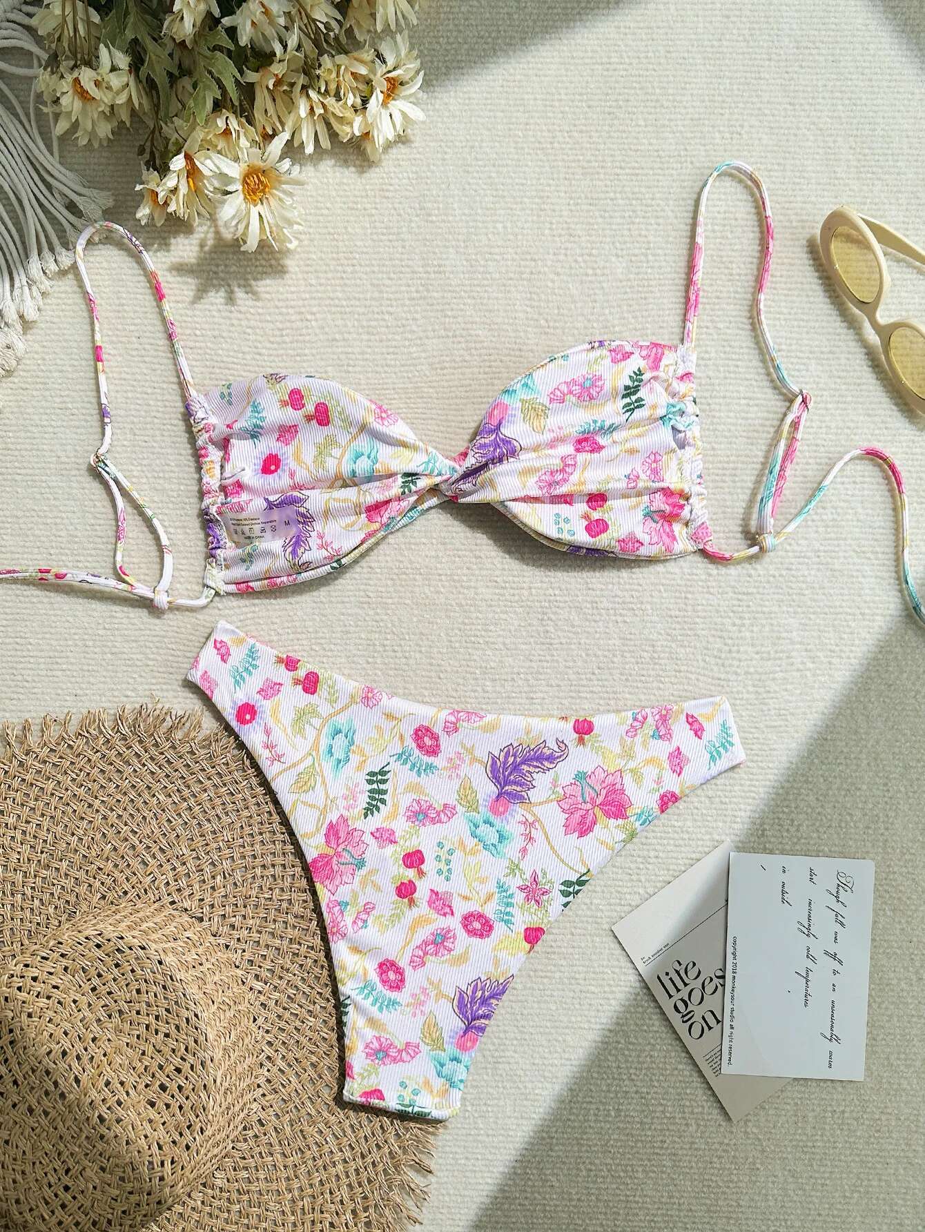 Dongdumaoyi Women Pink Floral Print Bikini Swimsuit Sexy Front Bow Push Up Micro Swimwear Brazilian Beach Bathing Suit Thong Bikinis