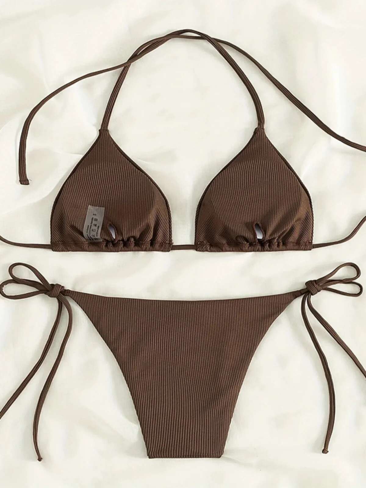 Dongdumaoyi Deep Brown Two Piece Swimsuit For Women Sexy V Neck Suspender Backless Bikini Set Low Waist Thong Beach Swimwear Bathing Suit