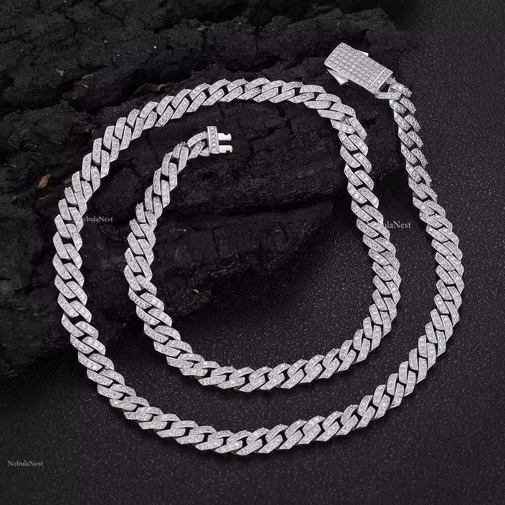 New Popular 8mm-18mm Hip-hop Sier Moissanite Rhombus Cuban Chain Men's Necklace Hiphop Sample Making
