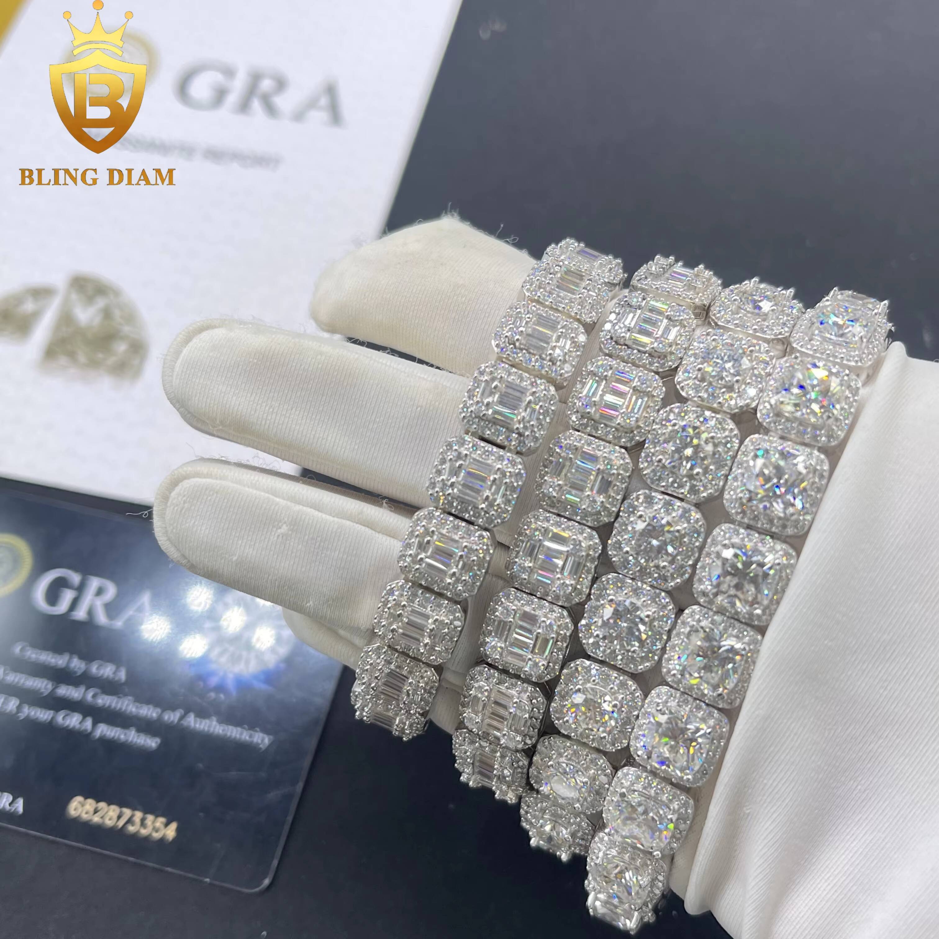 Cluster Iced Out Tennis Chains Baguette Hip Hop Jewelry 925 Silver Vvs Moissanite Gra Certificate Square Bracelet