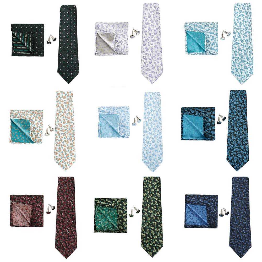 New Classic Mens Ties 7.5cm Green Plaid Print Striped Business Necktie Handkerchief Cufflinks Wedding Party Tie Set Gravatas X250407
