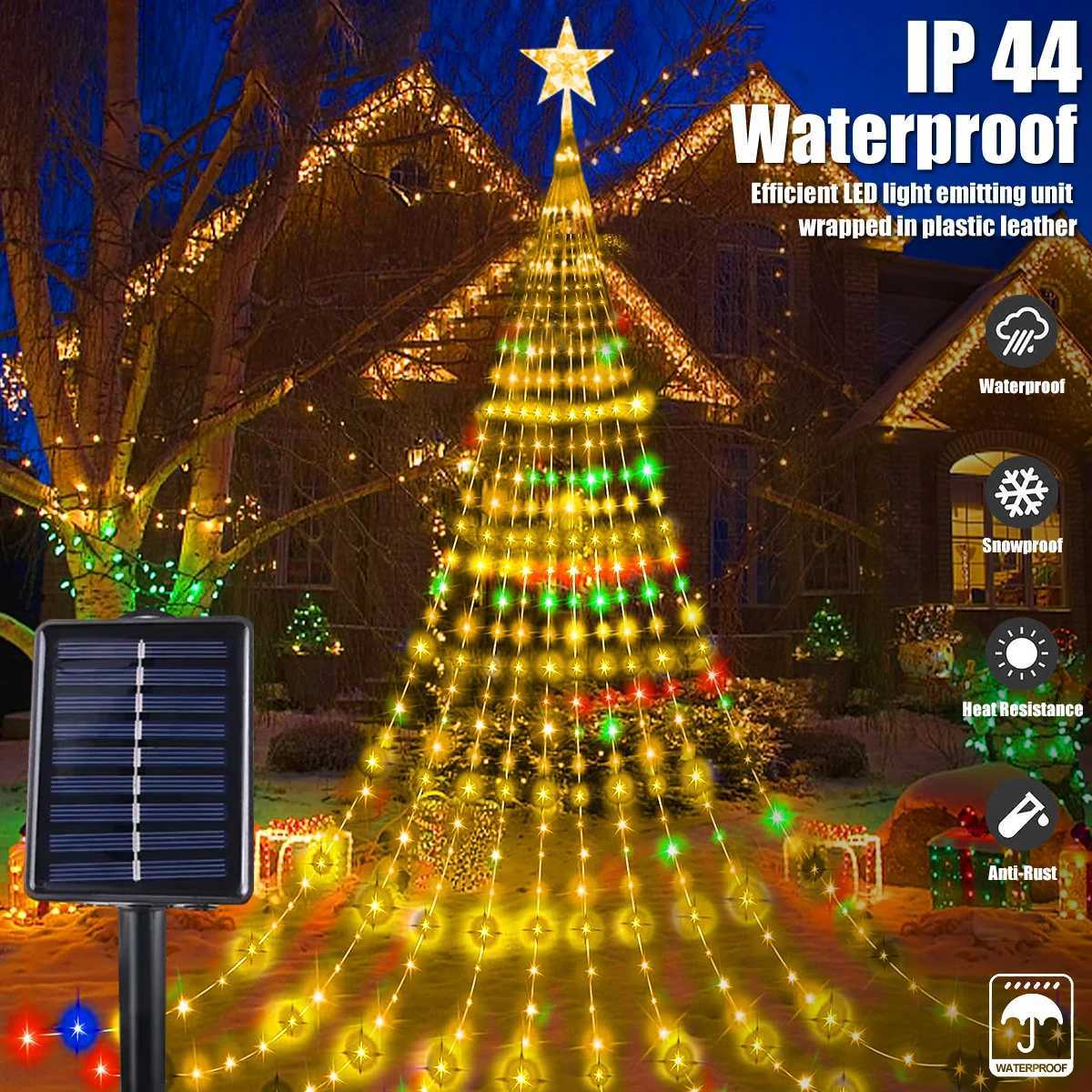 Solar Christmas Decoration Star String Lights 2/3M 8 Modes Waterfall Christmas Tree Fairy Lights for Outdoor Wedding Holiday W251107